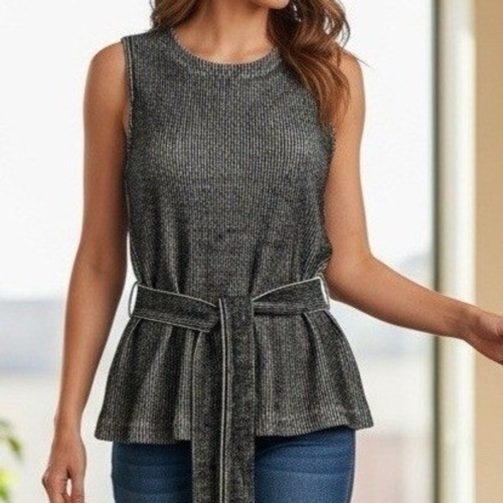 Madewell Womens Top XS Black Ribbed Chunky Knit Belted Classic Capsule Academia